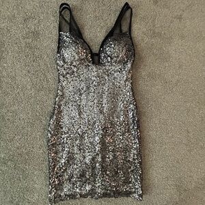 Glamorous Taylor Swift Grammy Y2K Silver and Black Sequin Mini Dress